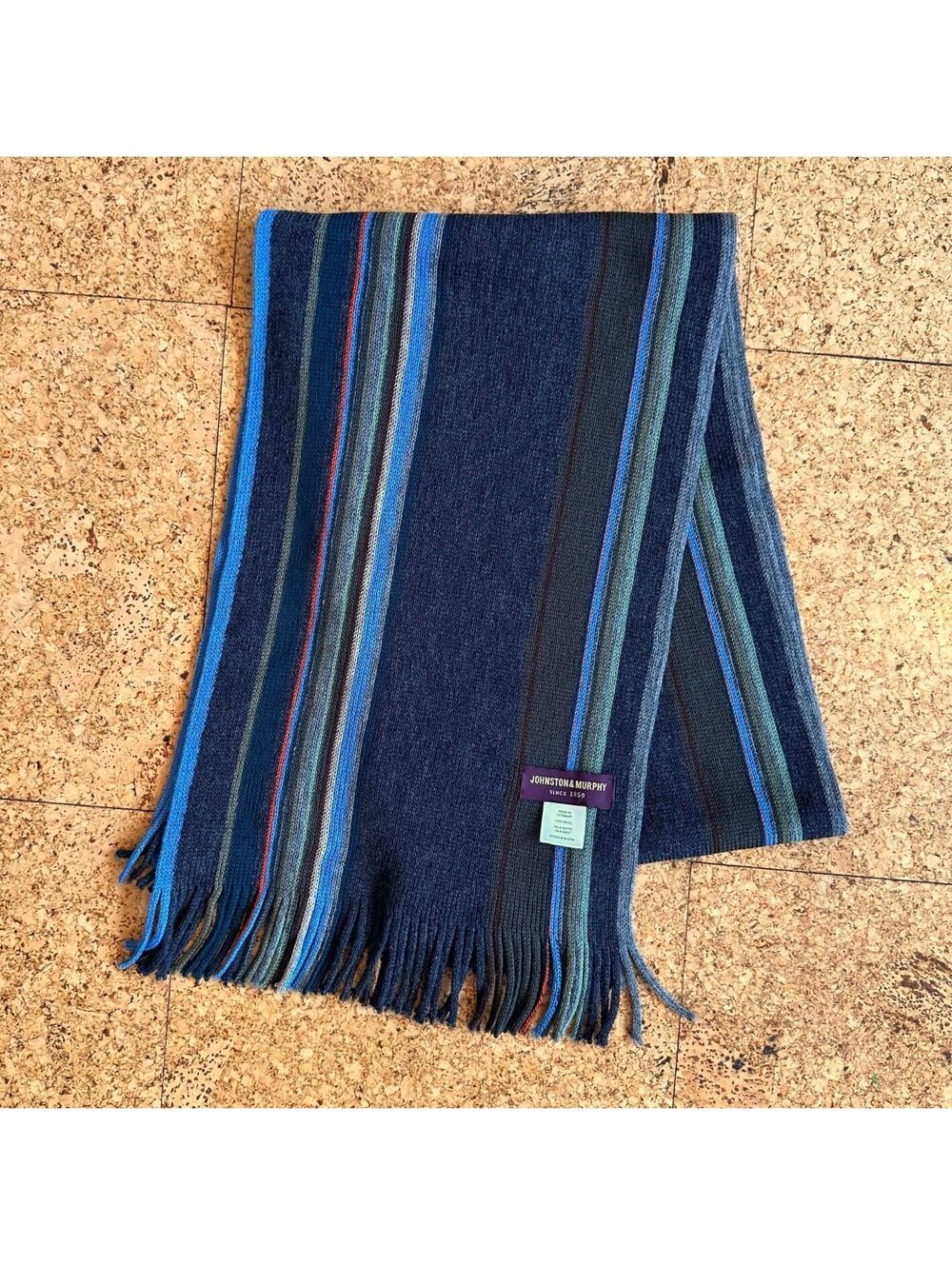 Johnston & Murphy Striped Scarf Multicolor Gray Blue Green Rust 100% Wool 11x68